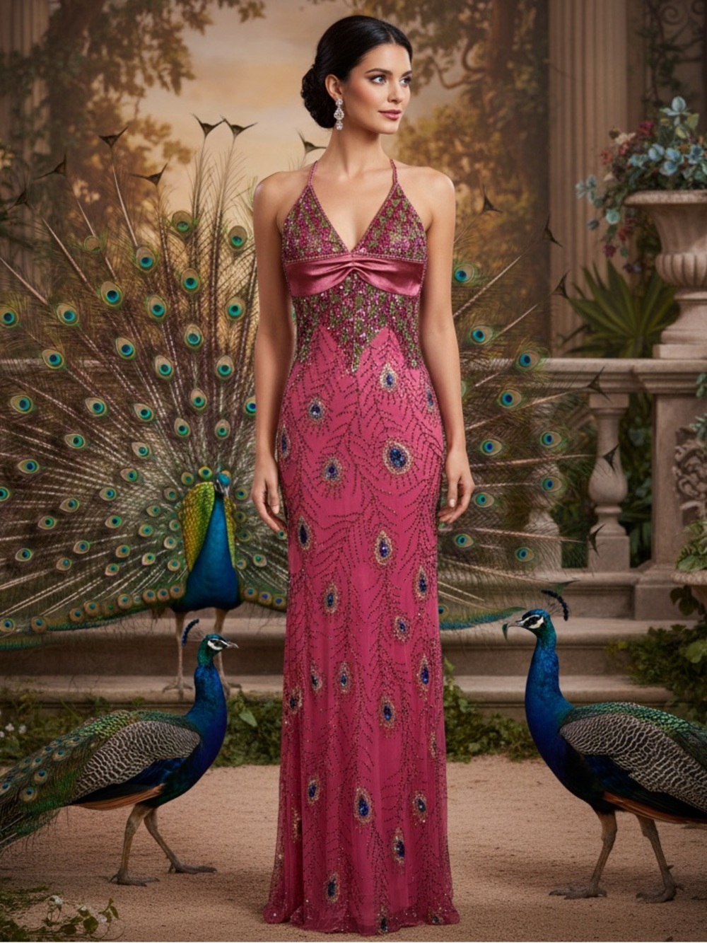 Satin-Trim hand Beaded shocking fuchsia Pink Evening Gown